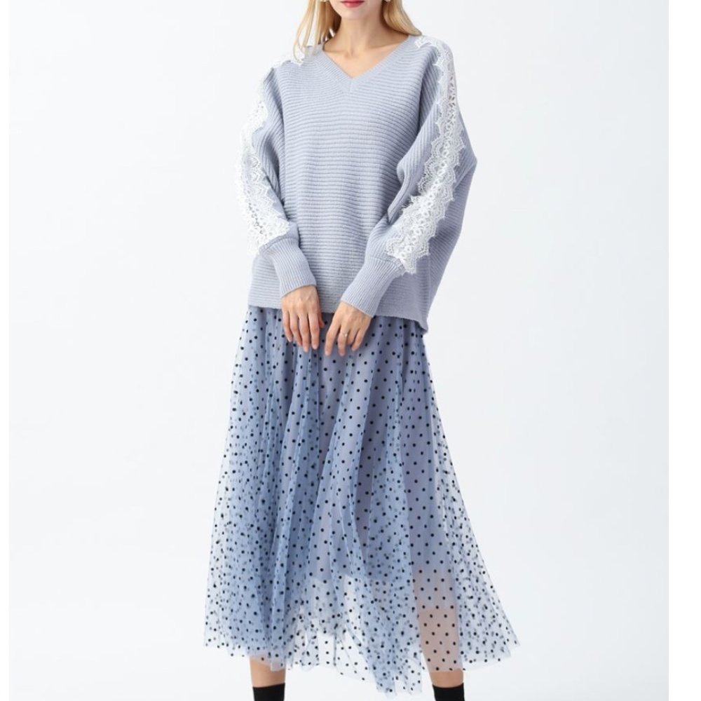 Chicwish DOUBLE-LAYERED TULLE MIDI SKIRT, BABY BLUE w/BLACK POLKA DOTS, Sm-Med